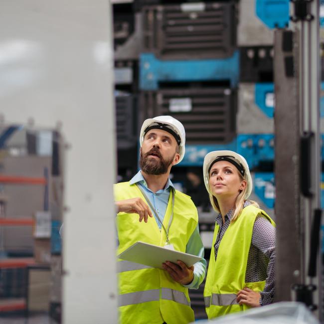 Male and female employees standing in a manufacturing plant.