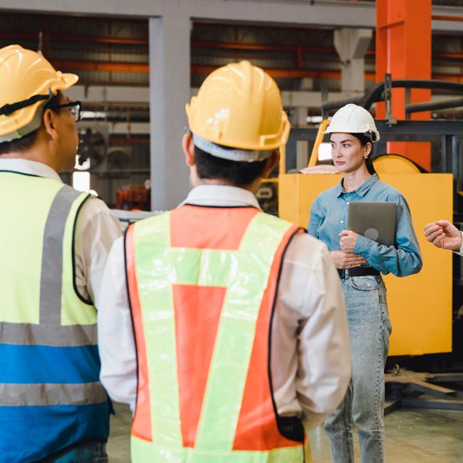 Two safety professionals briefing factory employees 