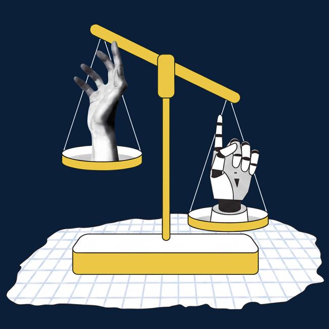 Graphic of a gold scale weighing a robot hand (representing AI) against a human hand.