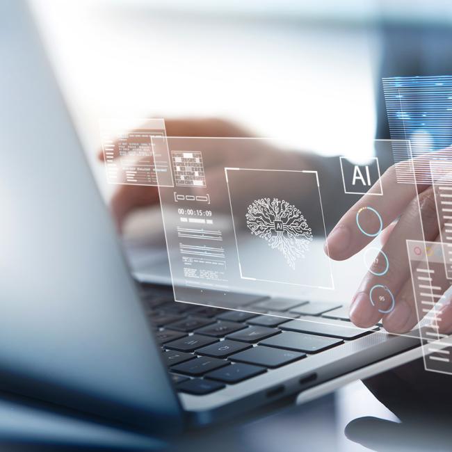Handing trying on a laptop with transparent tabs floating to indicate AI usage.